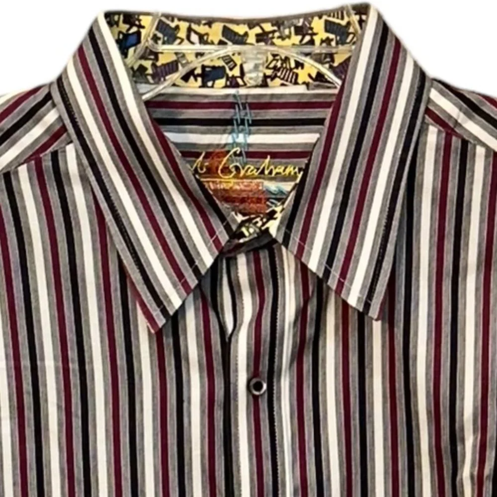 Robert Graham Red White Black Striped Cotton Button Down Dress Shirt‎ Size XL